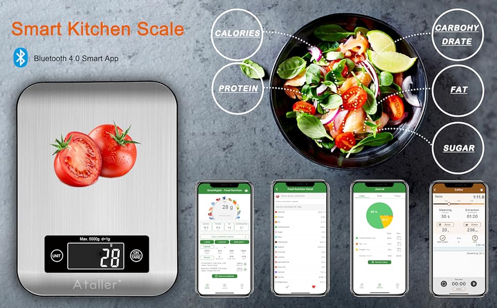 Ataller Smart Food Nutrition Scale, Bluetooth Digital Kitchen Scales with  Smartphone App for Baking, Cooking, Keto and Meal Prep, 304 Stainless  Steel, Graduation 1g, Max 5kg 11Ib-Shenzhen Lingfan Technology Limited  Company